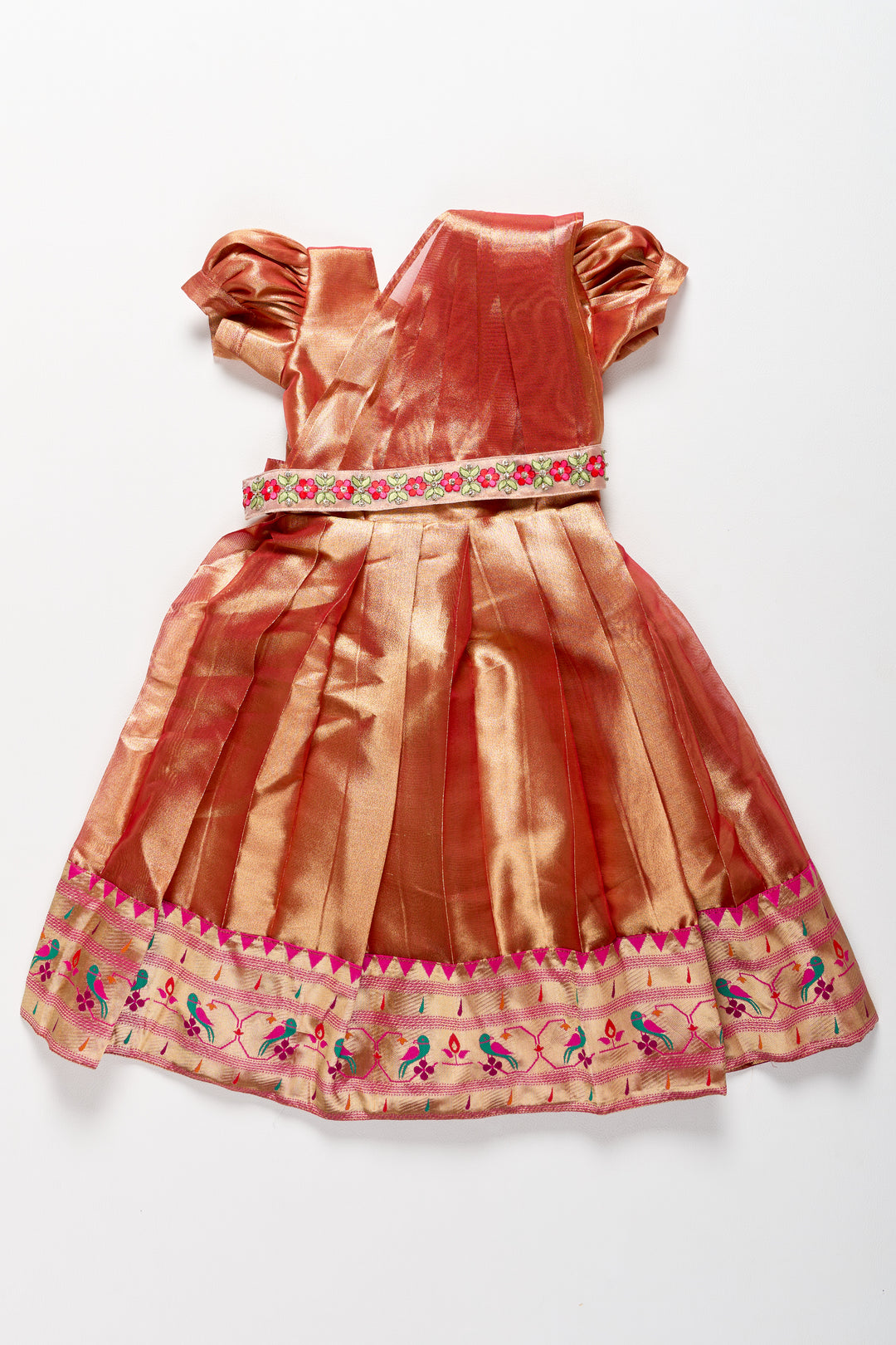 Simple Party Gown for Girls in Tissue Silk with Vibrant Border Embellishment