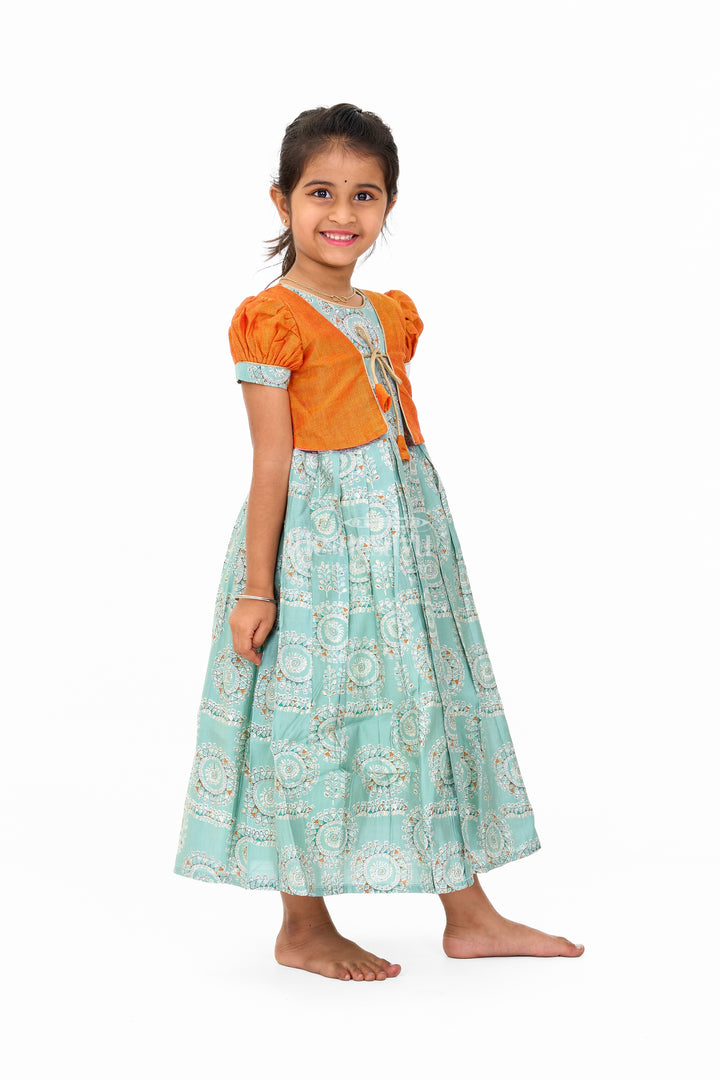 Girls Blue Wedding Anarkali Dress with Traditional Prints and Contrast Orange Short Jacket