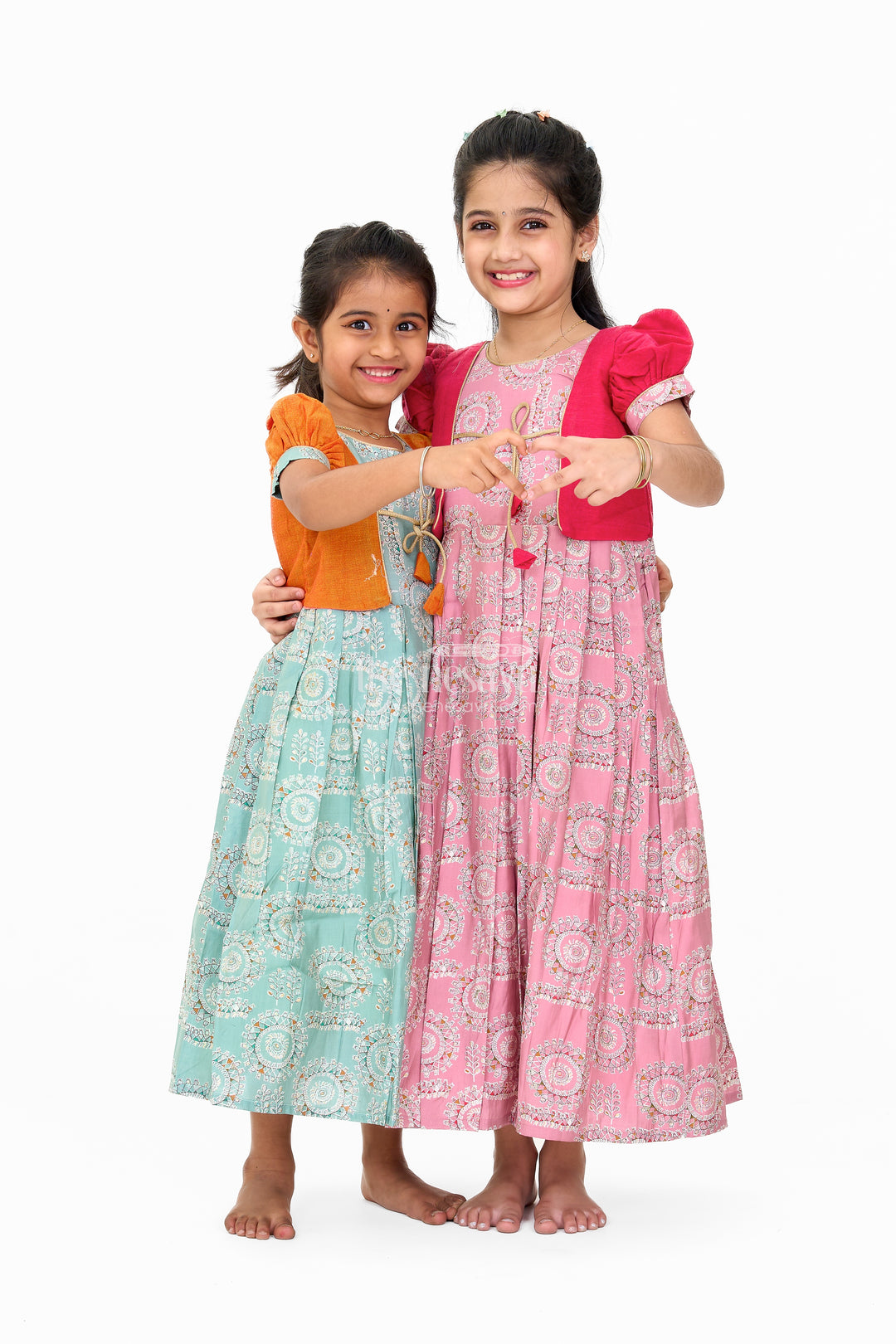 Girls Blue Wedding Anarkali Dress with Traditional Prints and Contrast Orange Short Jacket