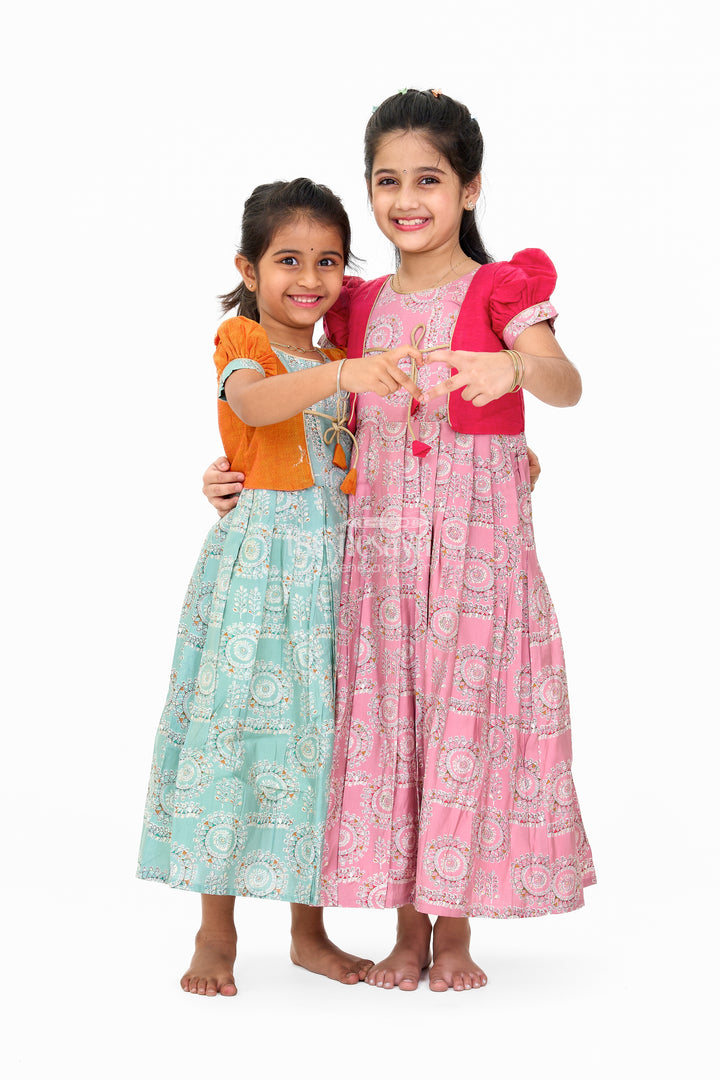 Girls Blue Wedding Anarkali Dress with Traditional Prints and Contrast Orange Short Jacket