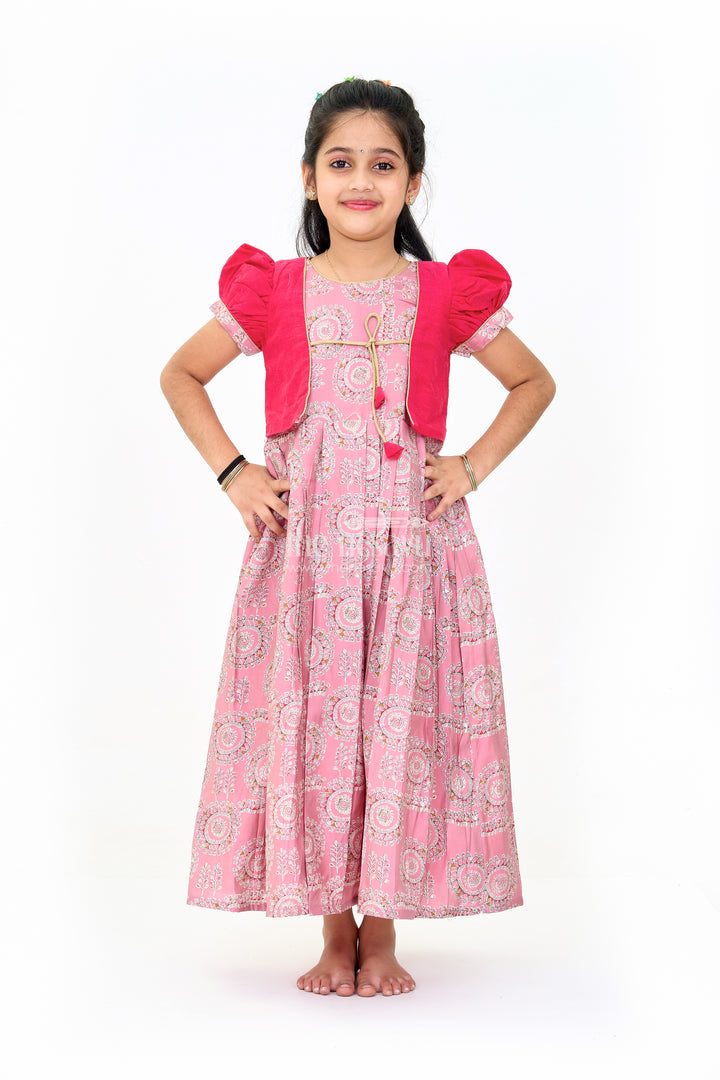 Girls Brown Anarkali Dress with Traditional Printed Design and Matching Short Jacket