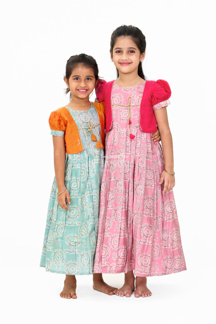 Girls Brown Anarkali Dress with Traditional Printed Design and Matching Short Jacket