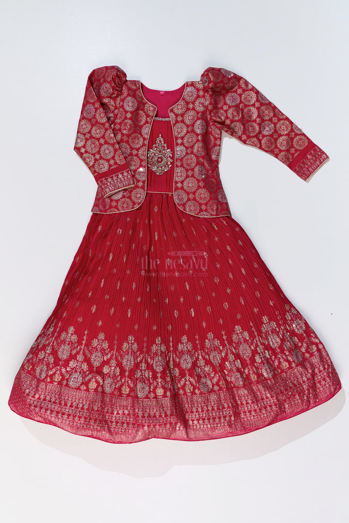 Girls Red Silk Dressing Gown with Embroidered Jacket and Flowy Pleated Skirt for a Regal Look