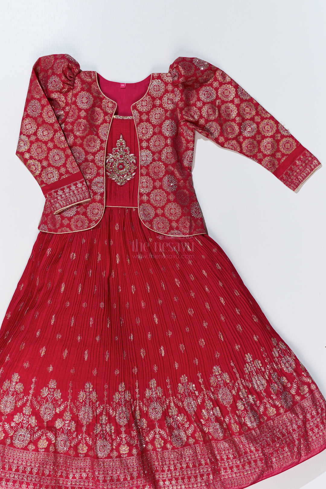 Girls Red Silk Dressing Gown with Embroidered Jacket and Flowy Pleated Skirt for a Regal Look