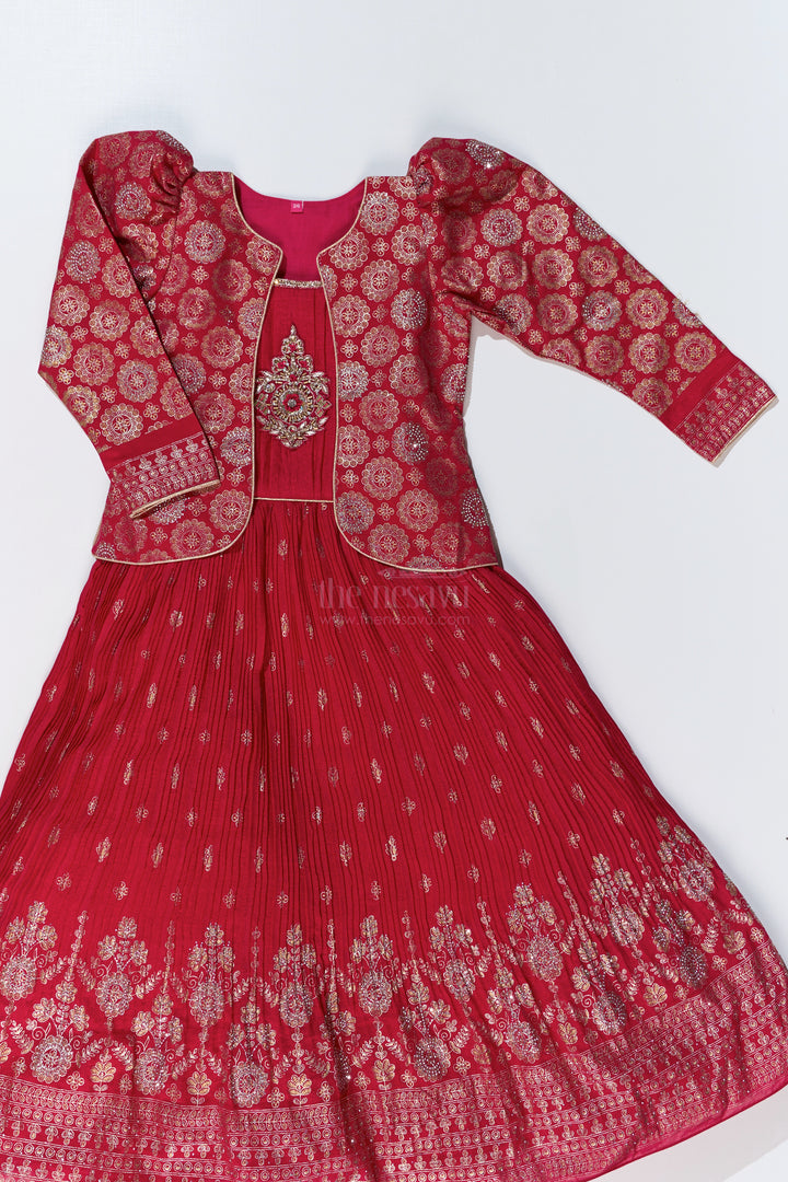 Girls Red Silk Dressing Gown with Embroidered Jacket and Flowy Pleated Skirt for a Regal Look