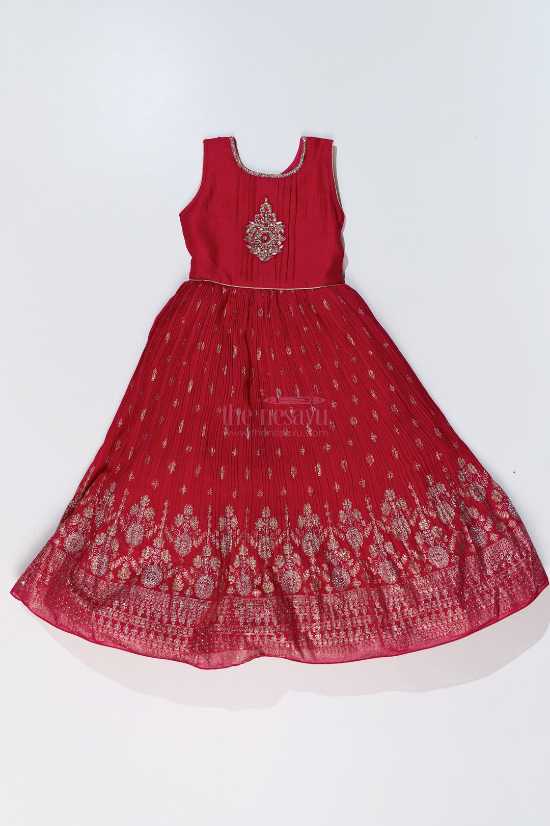 Girls Red Silk Dressing Gown with Embroidered Jacket and Flowy Pleated Skirt for a Regal Look