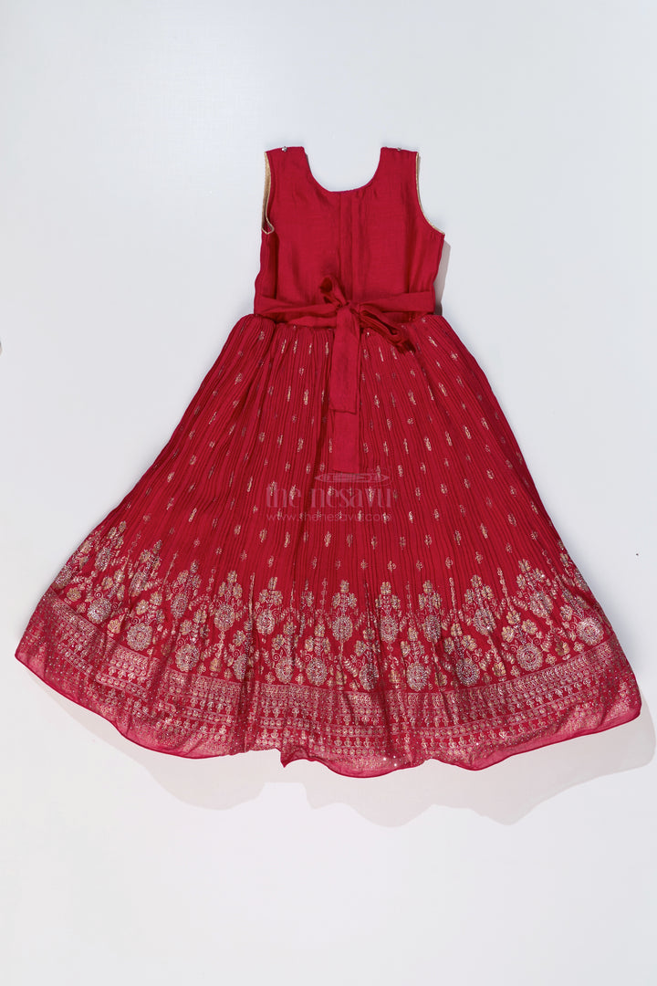 Girls Red Silk Dressing Gown with Embroidered Jacket and Flowy Pleated Skirt for a Regal Look