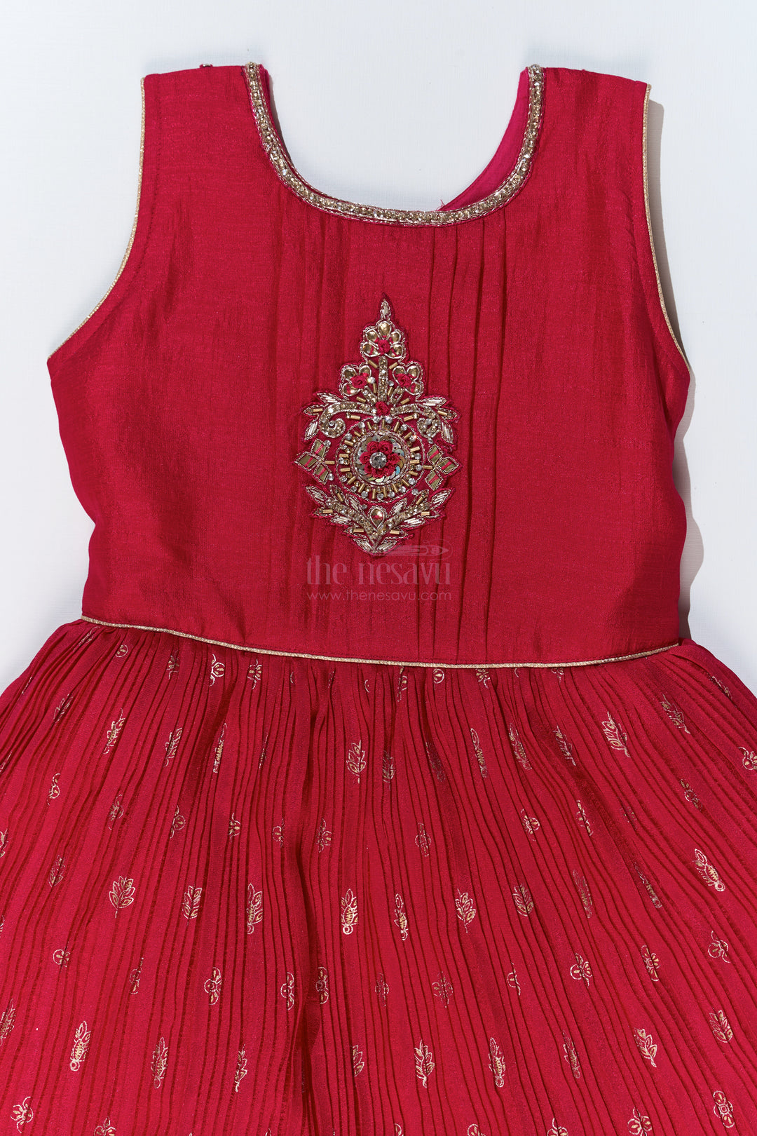 Girls Red Silk Dressing Gown with Embroidered Jacket and Flowy Pleated Skirt for a Regal Look