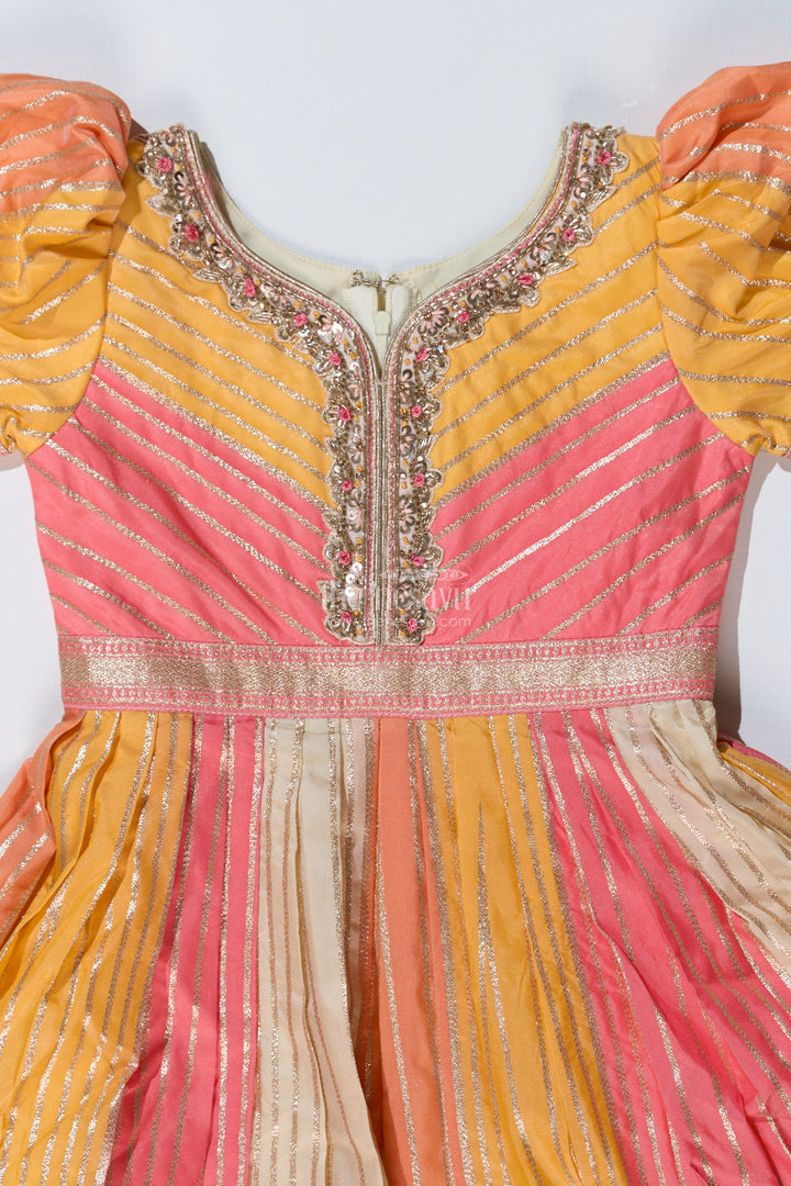 Girls Yellow Gown with Banarasi Kali Jacquard Silk and Embellished Neckline for Festive Wear