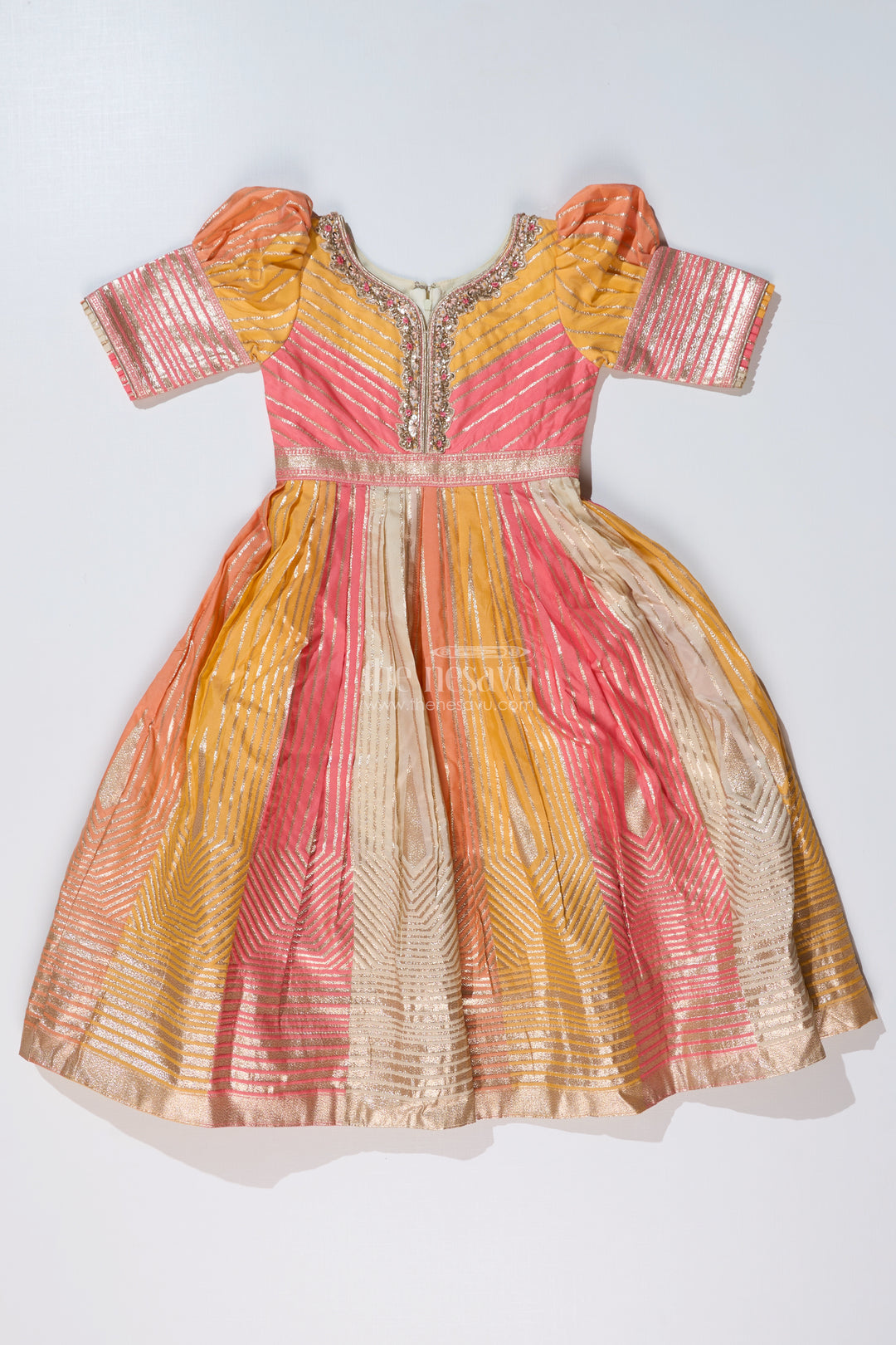 Girls Yellow Gown with Banarasi Kali Jacquard Silk and Embellished Neckline for Festive Wear