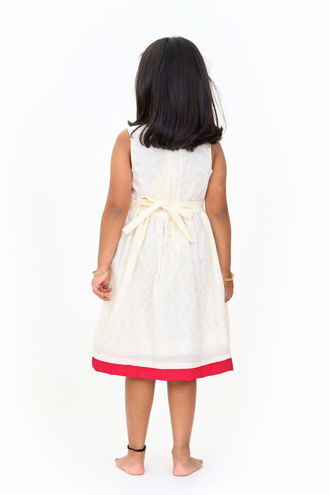 Cotton Ke Gown with Elegant Hakoba Embroidery and Red Bow for Girls