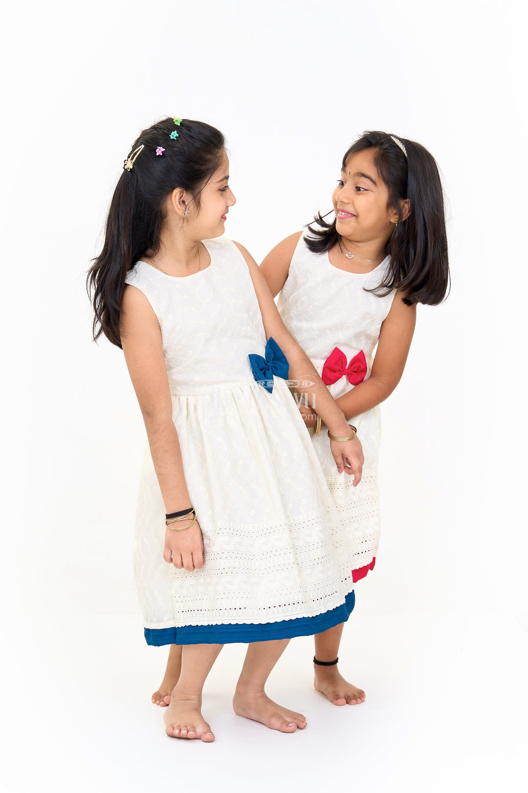 Cotton Ke Gown with Elegant Hakoba Embroidery and Red Bow for Girls