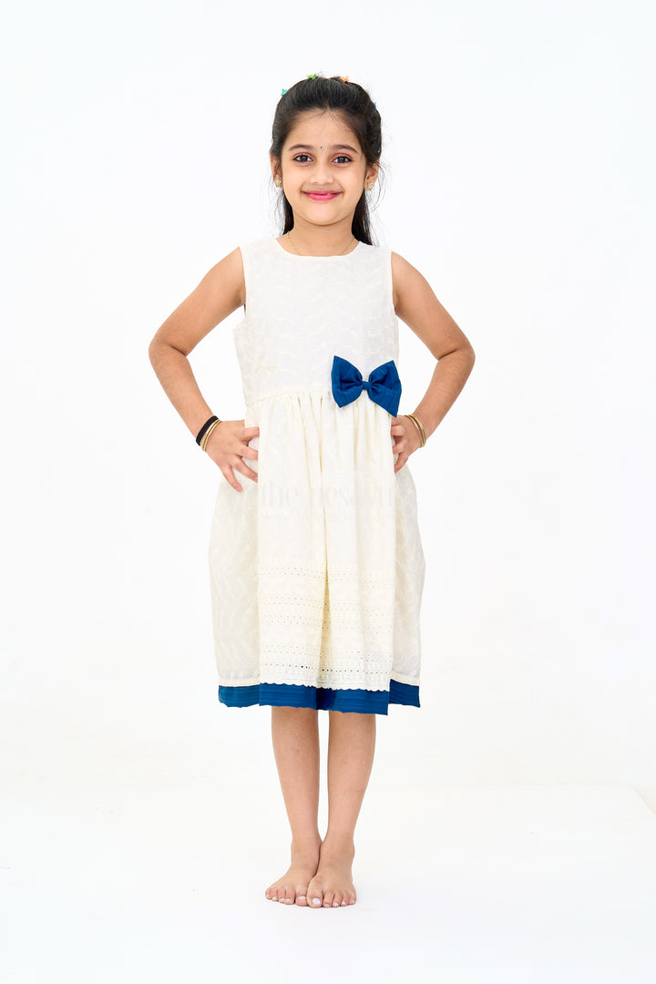 Elegant Girls White Hakoba Cotton Frock with Contrasting Bow and Delicate Detailing