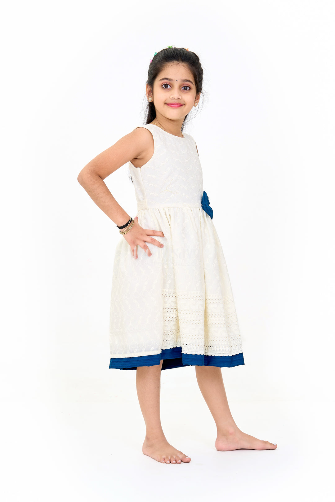 Elegant Girls White Hakoba Cotton Frock with Contrasting Bow and Delicate Detailing