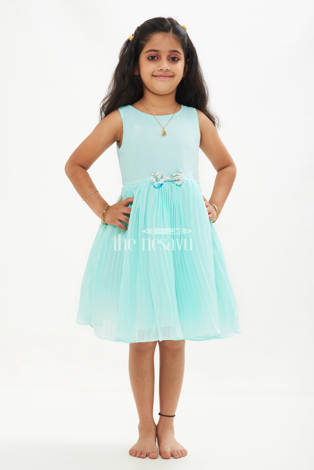 Girls Blue Layered Fancy Frock with Floral Jacket and Ruffled Hemline