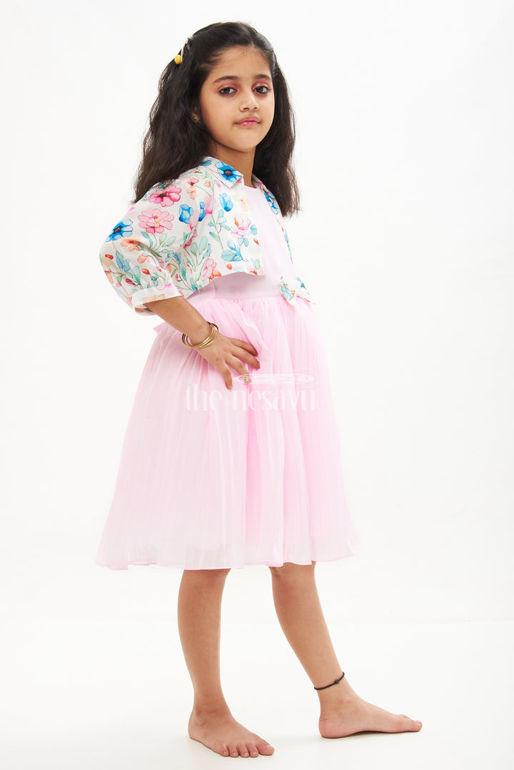 Girls Pink and Purple Fancy Frock with Pastel Floral Jacket and Ruffled Skirt