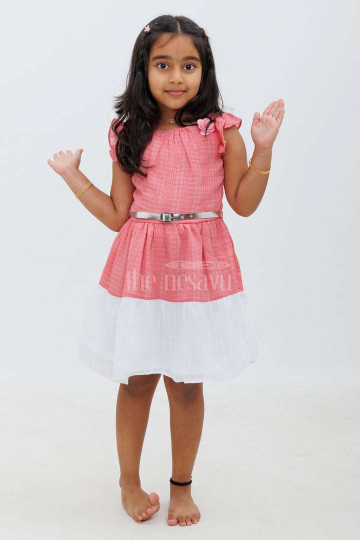 Maroon and White Puff Sleeve Frock with Rose Accent