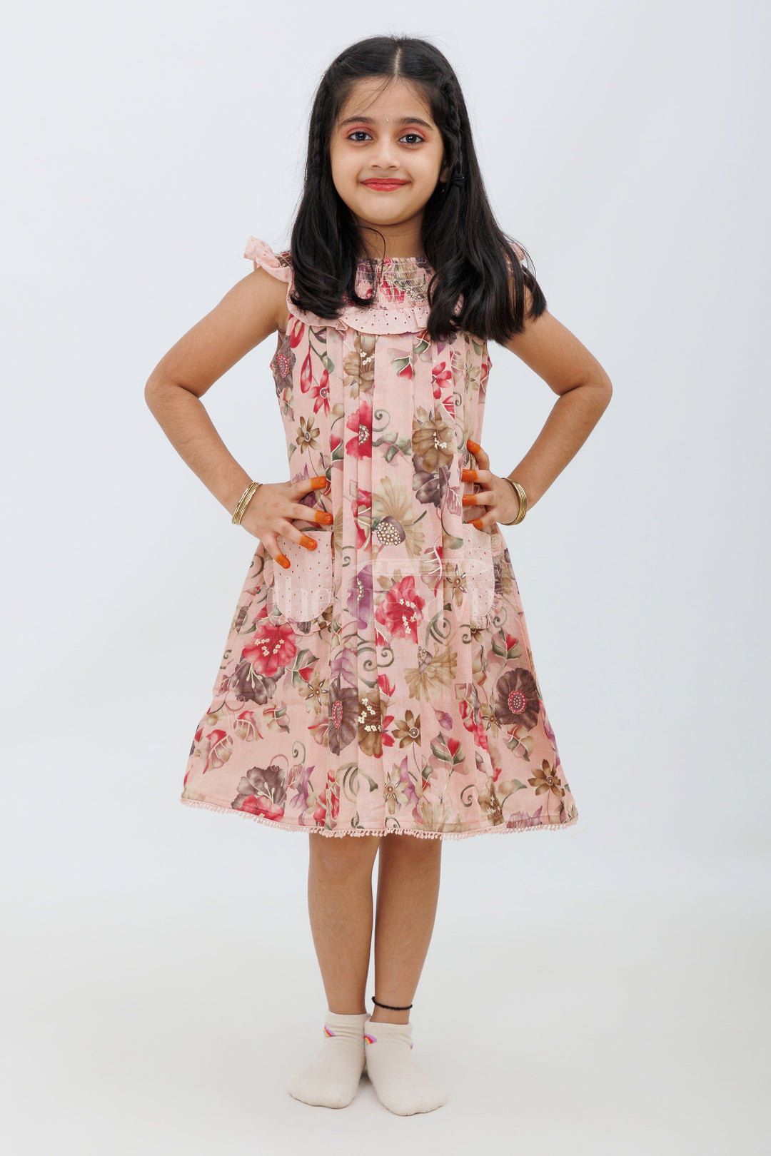 Pink Floral Cotton Frock with Smocked Neckline and Pockets