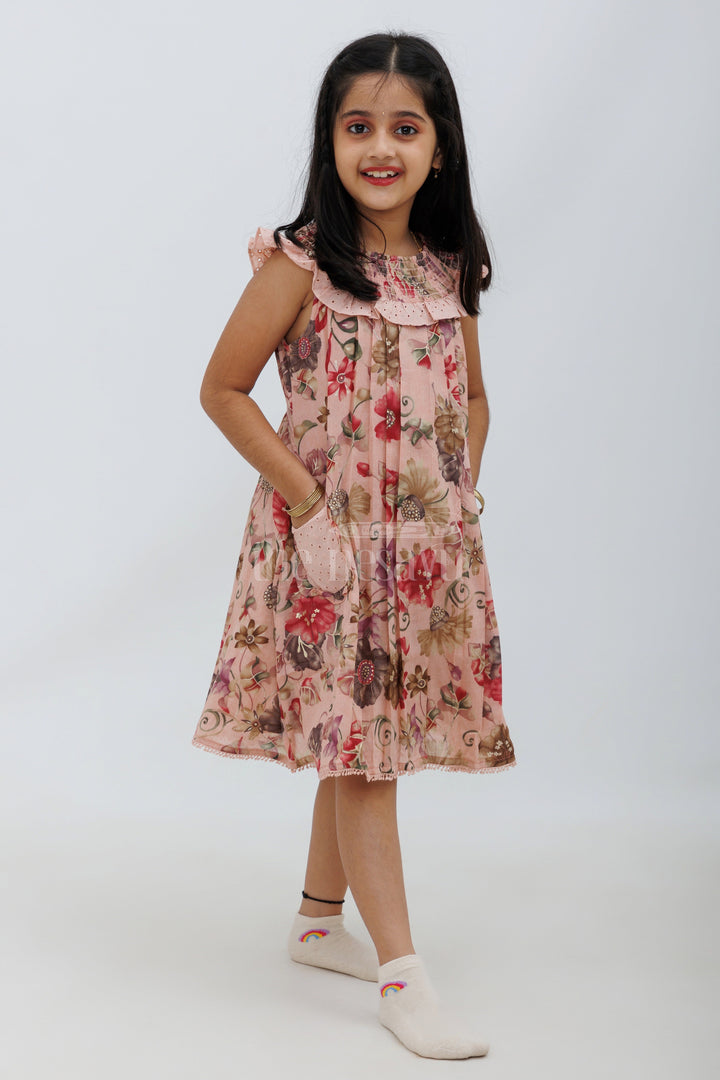 Pink Floral Cotton Frock with Smocked Neckline and Pockets