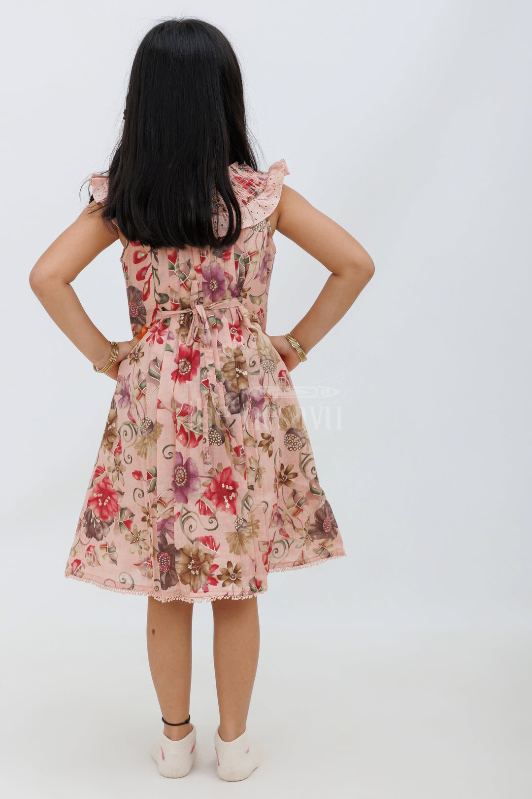 Pink Floral Cotton Frock with Smocked Neckline and Pockets