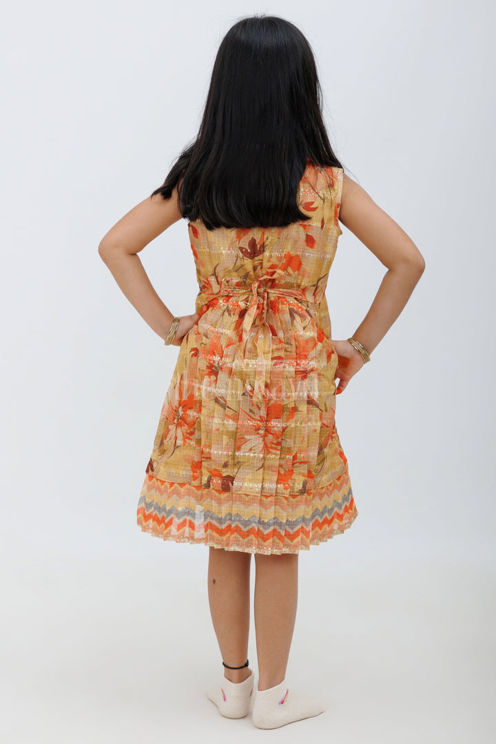 Beige Kota Blend Silk Frock with Floral and Geometric Print