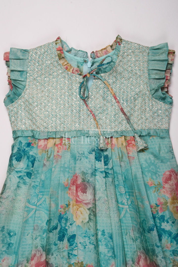 Blue Blend Silk Frock with Embroidery and Pleats