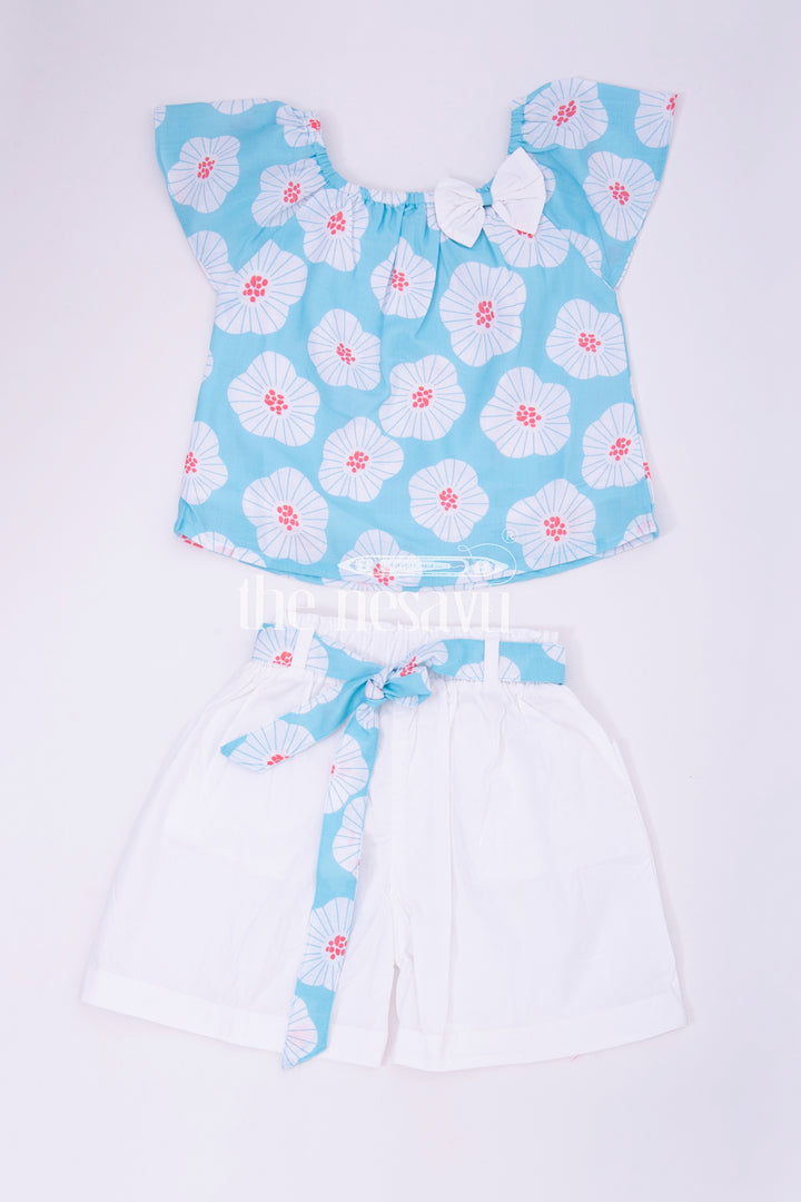 Blue Floral Top and White Shorts Set for Girls