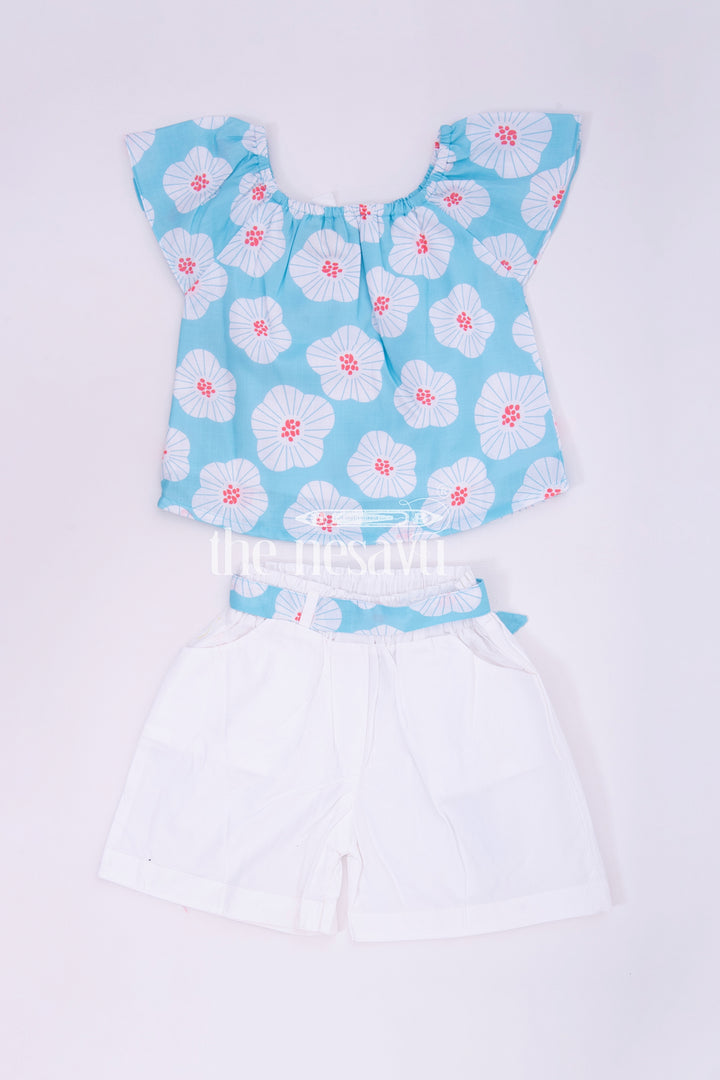 Blue Floral Top and White Shorts Set for Girls