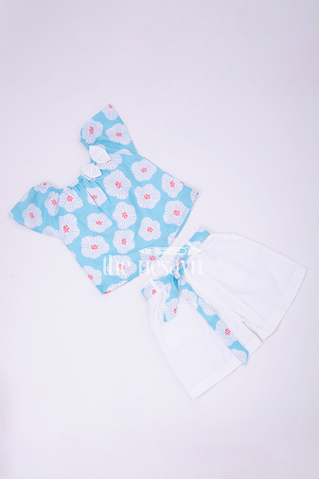 Blue Floral Top and White Shorts Set for Girls