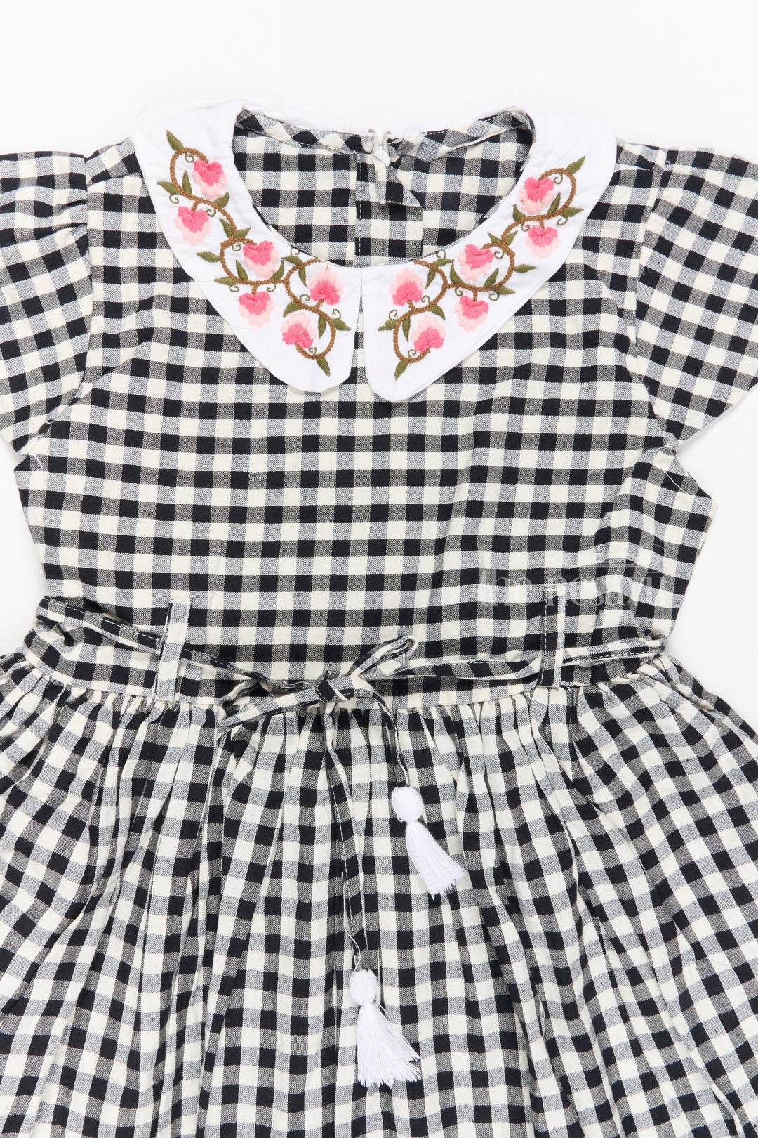 Black and White Chessboard Checked Cotton Frock with Peter Pan Collar for Girls