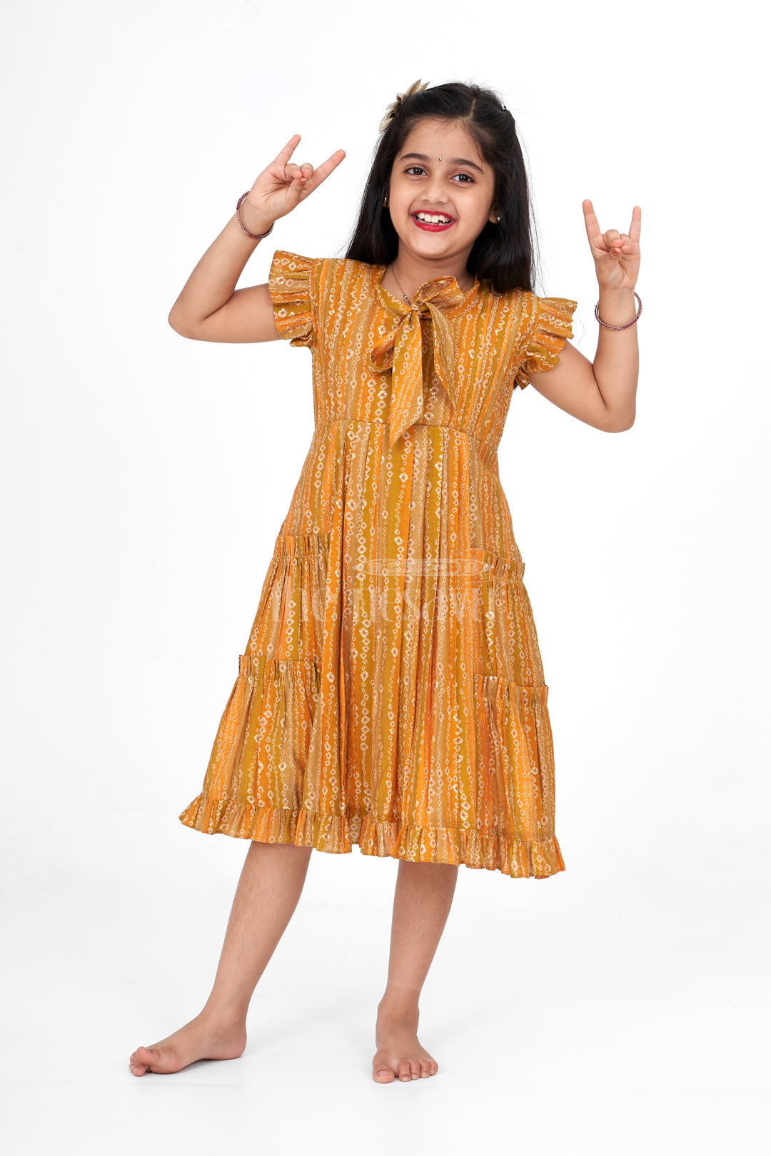 Girls Mustard Yellow Cotton Frock with Ikat Print and Ruffle Sleeves for Summer