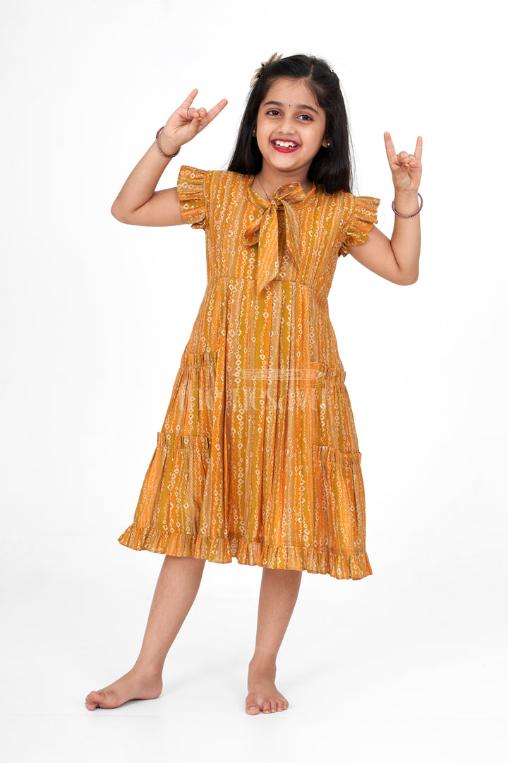 Girls Mustard Yellow Cotton Frock with Ikat Print and Ruffle Sleeves for Summer