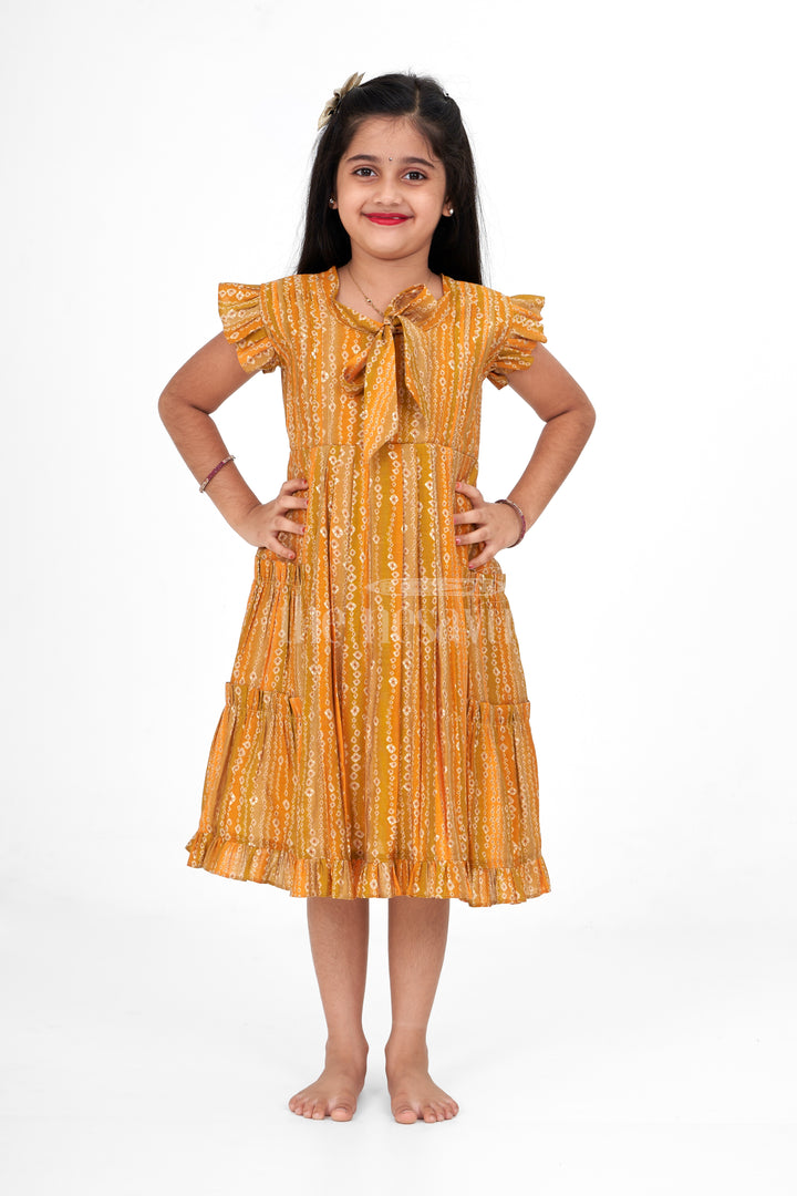 Girls Mustard Yellow Cotton Frock with Ikat Print and Ruffle Sleeves for Summer