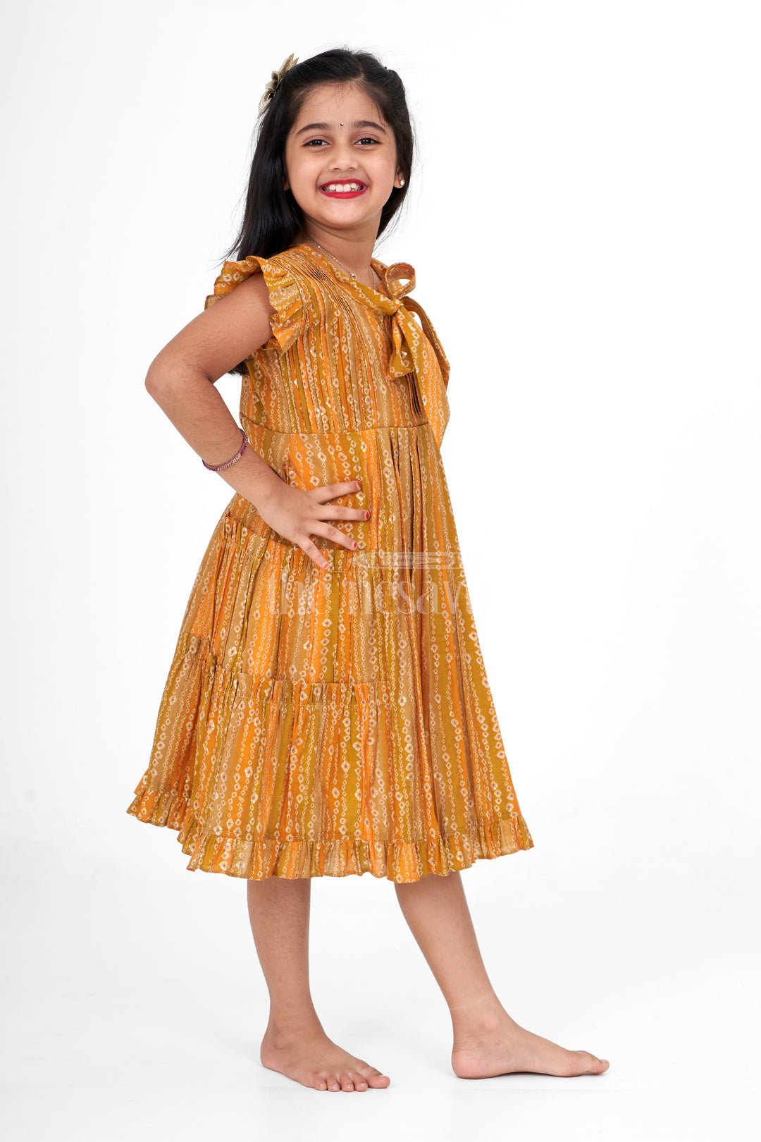 Girls Mustard Yellow Cotton Frock with Ikat Print and Ruffle Sleeves for Summer