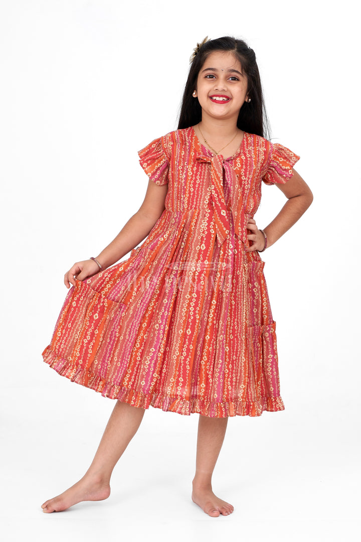 Vibrant Knee Length Cotton Frock for Ladies in Printed Chanderi with Ruffle Sleeves