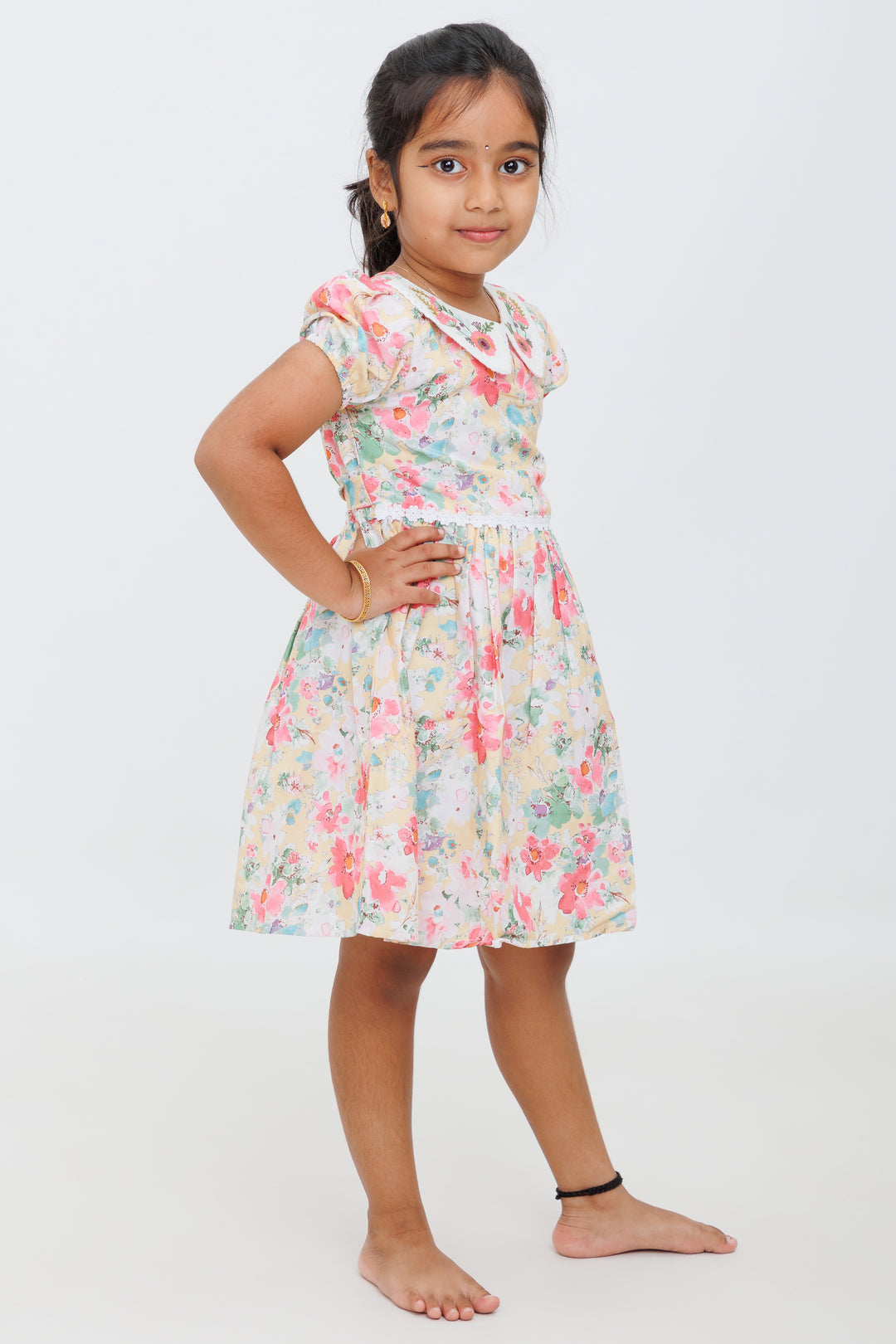 Girls Multicolor Floral Peter Pan Collar Frock with Puff Sleeves - Playful Party Dress