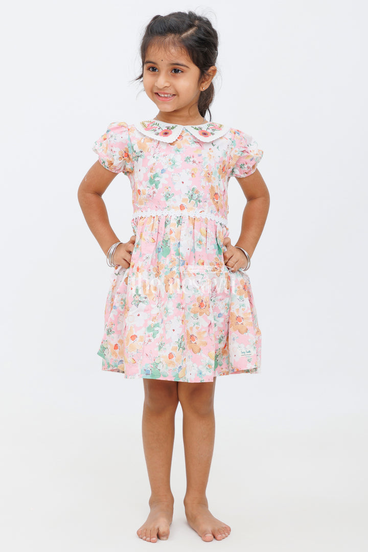 Girls Pink Floral Peter Pan Collar Dress with Puff Sleeves and Lace Band - Party Short Frock