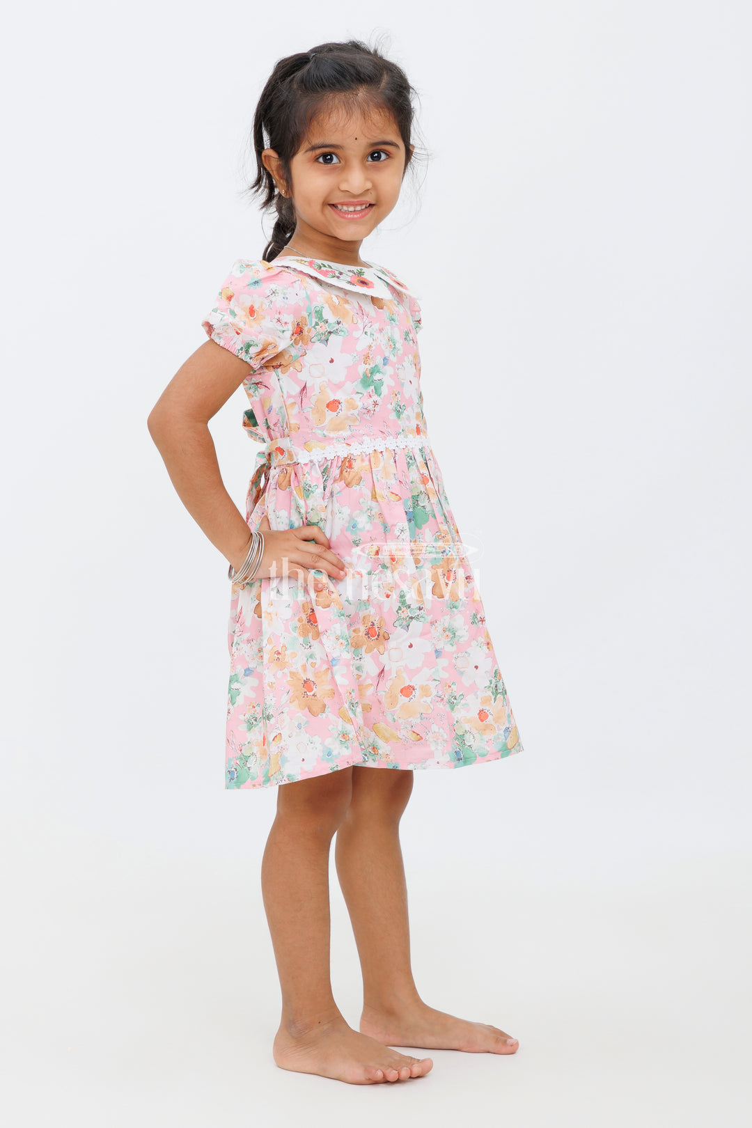 Girls Pink Floral Peter Pan Collar Dress with Puff Sleeves and Lace Band - Party Short Frock