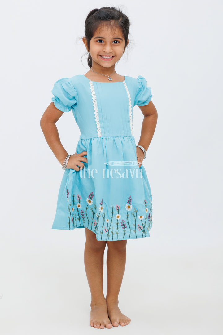 Girls Blue Pintuck Frock with Floral Embroidery and Lace Trim - Party Dress