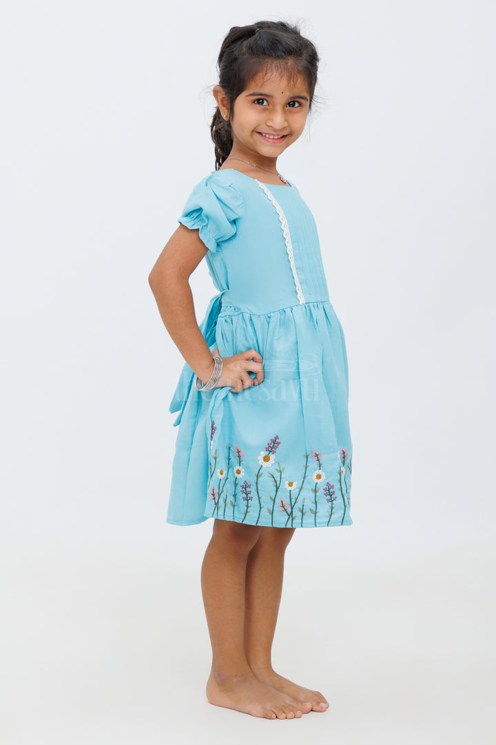 Girls Blue Pintuck Frock with Floral Embroidery and Lace Trim - Party Dress