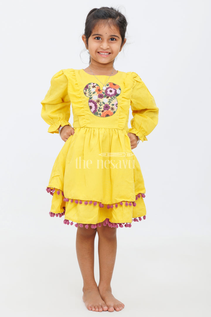 Girls Mustard Yellow Dress with Floral Embroidery and Ruffled Trim - Party Short Frock