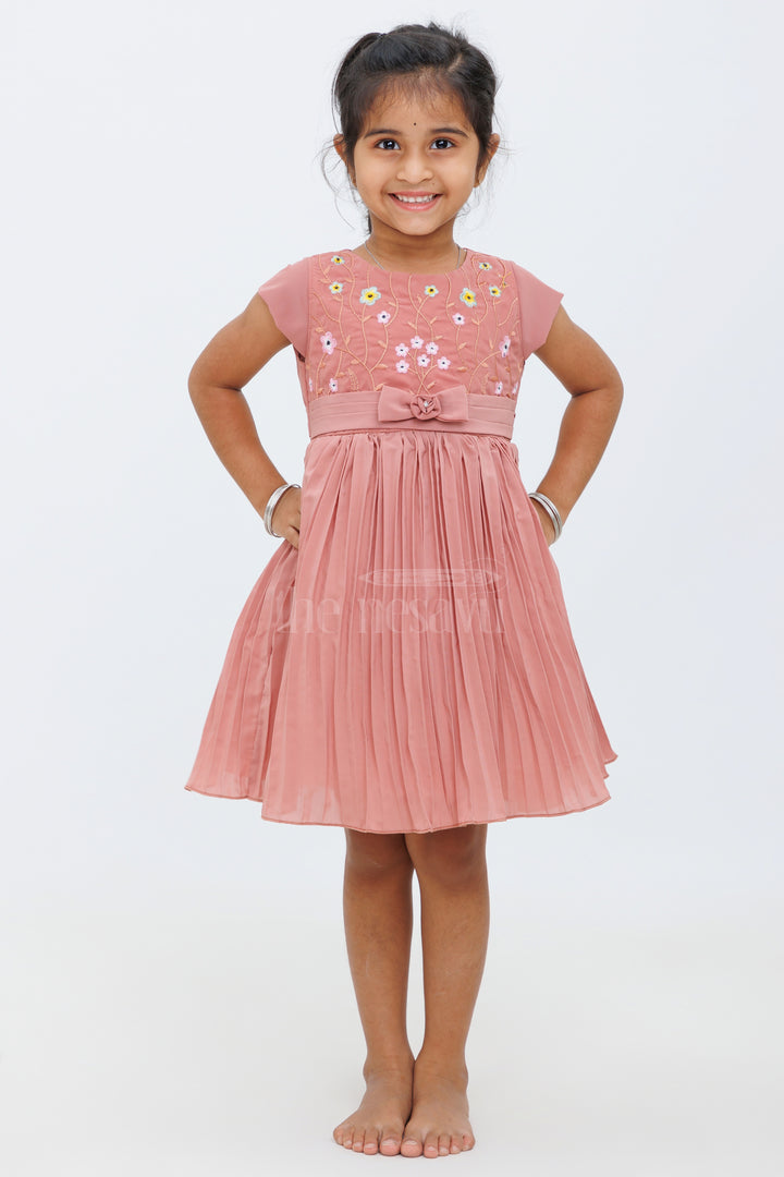 Girls Dusty Rose Embroidered Party Frock with Pleated Skirt