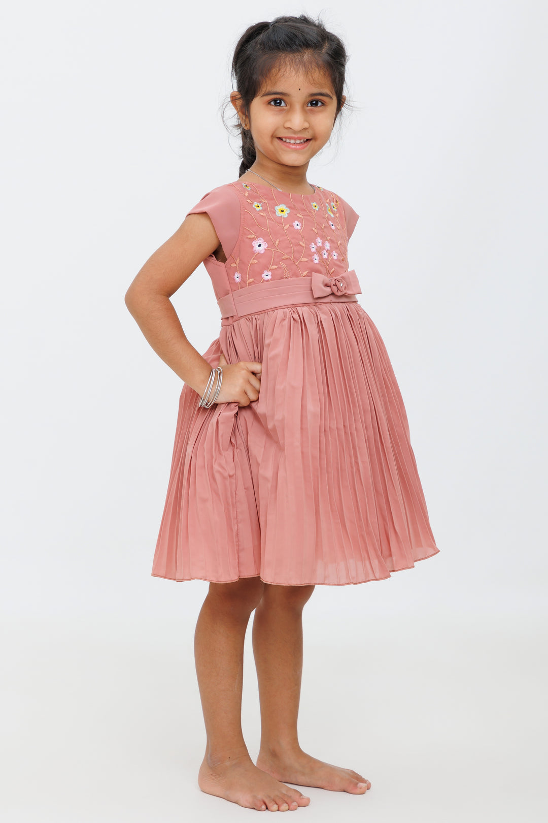 Girls Dusty Rose Embroidered Party Frock with Pleated Skirt