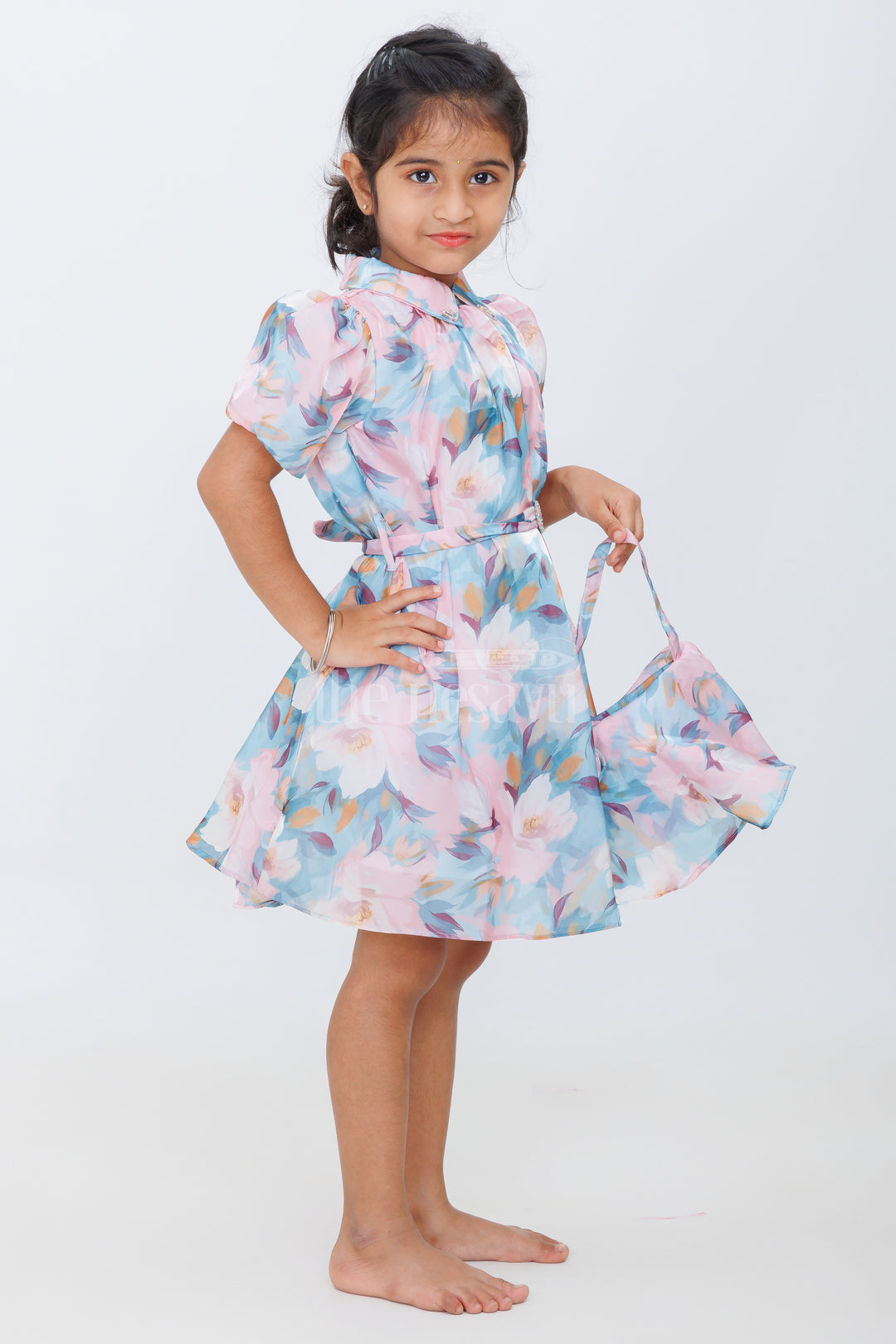 Girls Pastel Floral Fancy Mini Dress with Puffed Sleeves and Belted Waist for Summer Parties