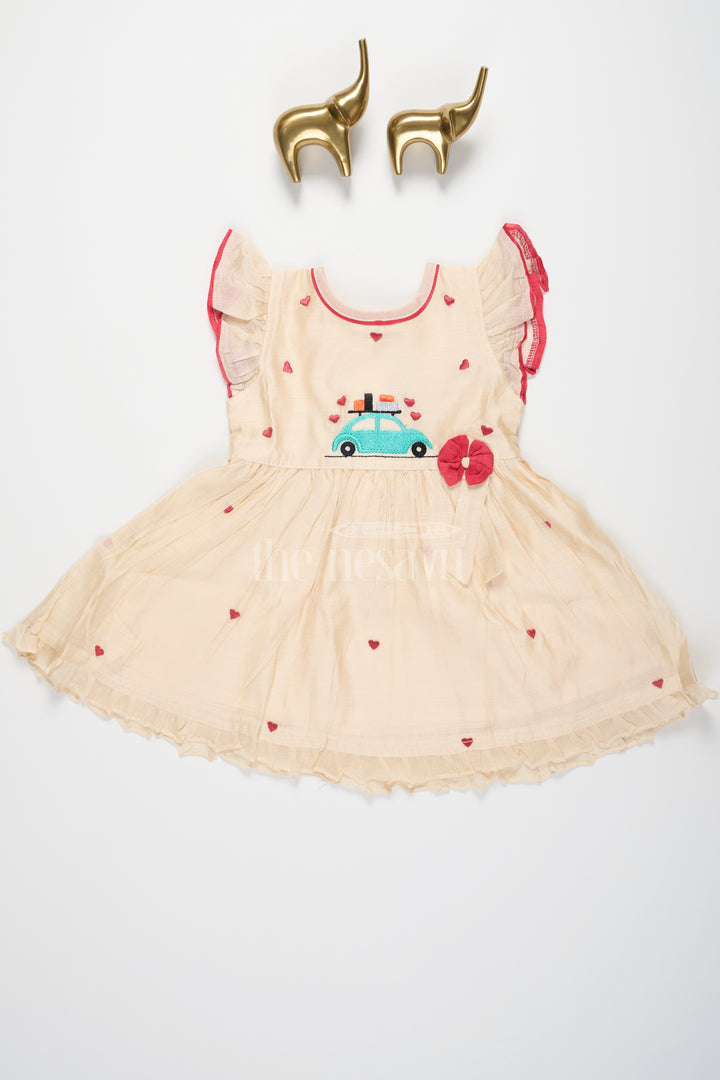 Baby Cotton Frock in Half White with Red Heart Embroidery and Car Motif