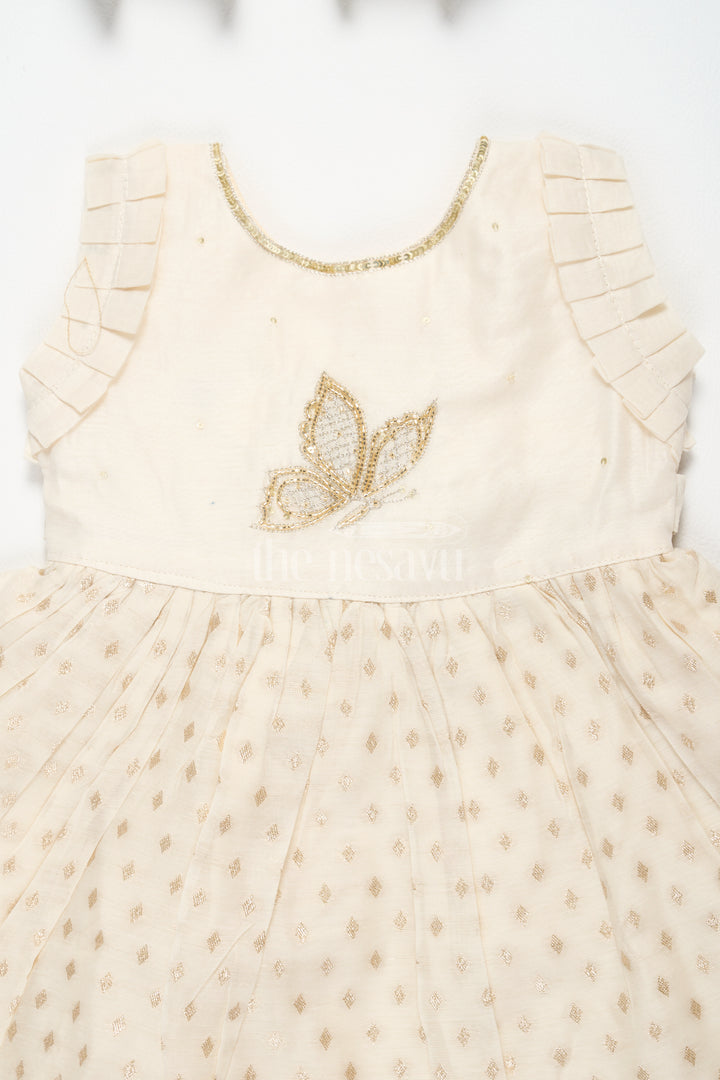 Baby Fancy Frock in Cream with Golden Accents and Ruffled Sleeves