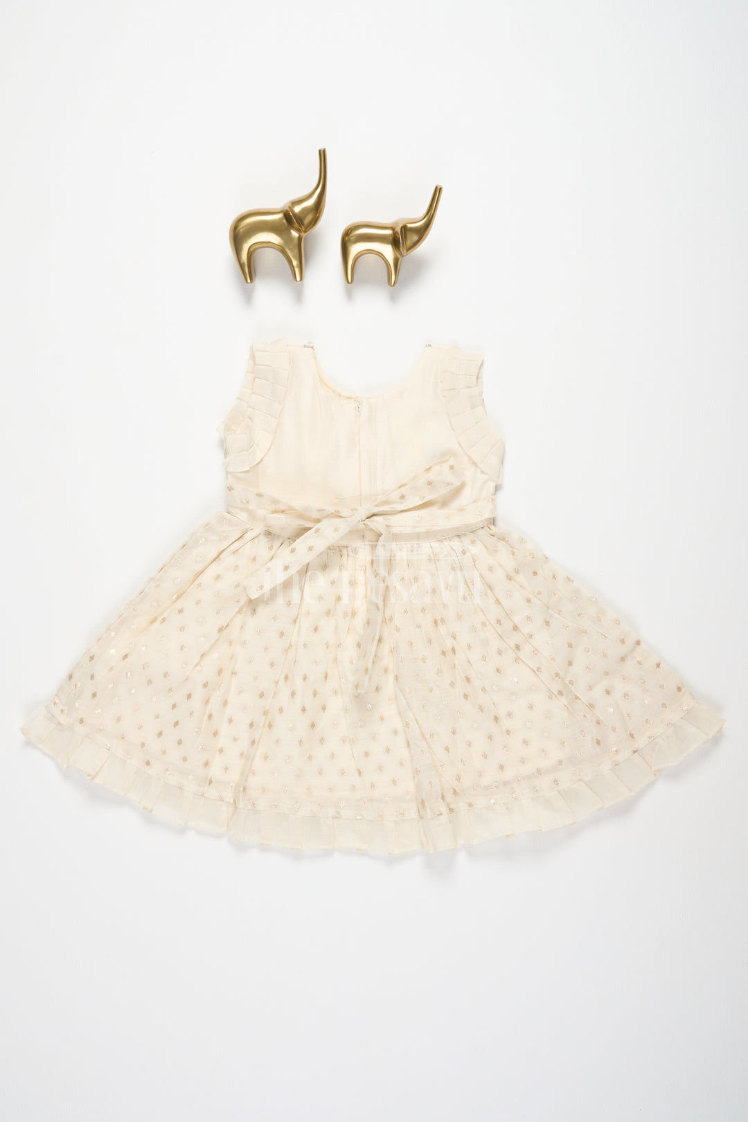 Baby Fancy Frock in Cream with Golden Accents and Ruffled Sleeves