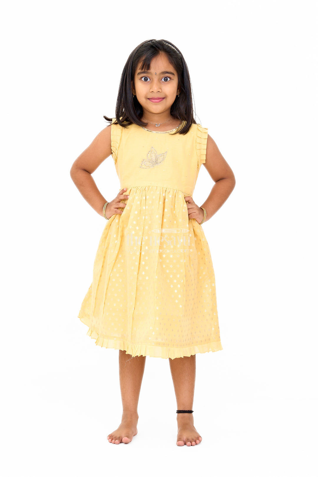 Girls Cotton Umbrella Frock in Chanderi Fabric with Elegant Floral Embroidery and Ruffled Sleeves