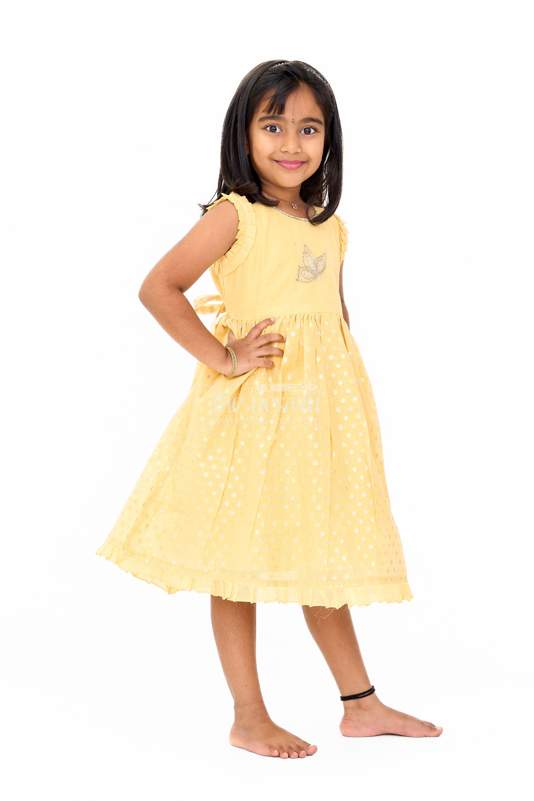 Girls Cotton Umbrella Frock in Chanderi Fabric with Elegant Floral Embroidery and Ruffled Sleeves