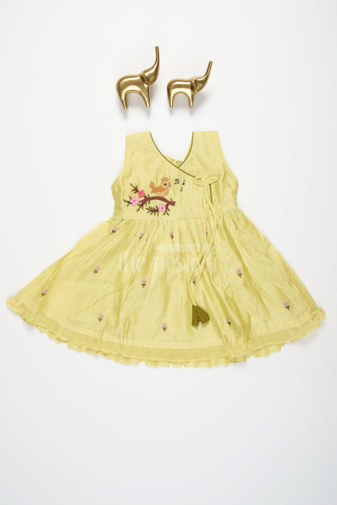 Baby Cotton Frock in Green with Bird Embroidery and Floral Detailing for Girls